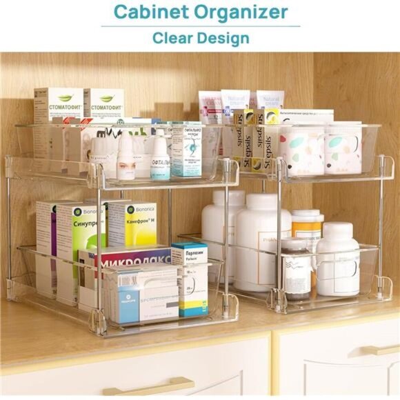 Clear 2 Tier Under Sink Bathroom Organizer Storage Bins Pull Out Drawers - Picture 3 of 7
